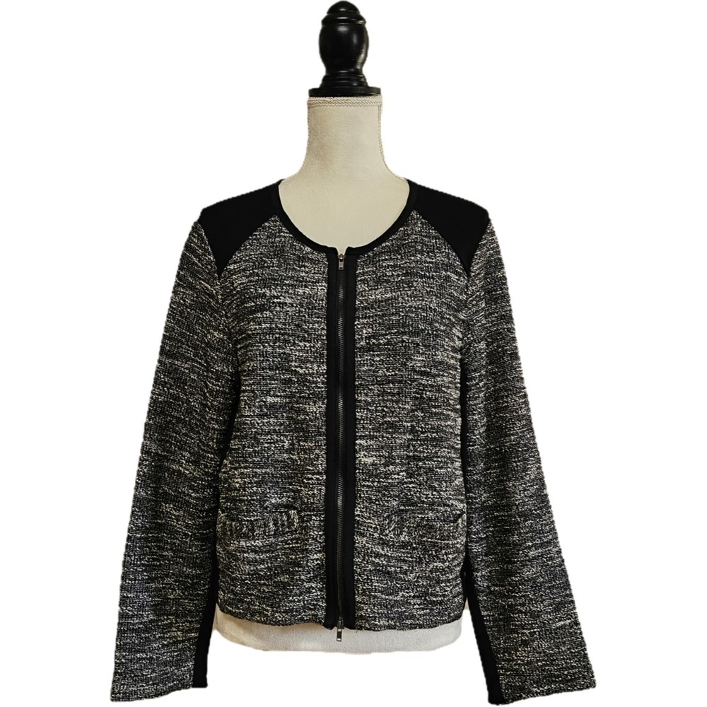 Eileen Fisher Full Zip Black Marled Silver Thread Jacket Sz XL Office Preppy